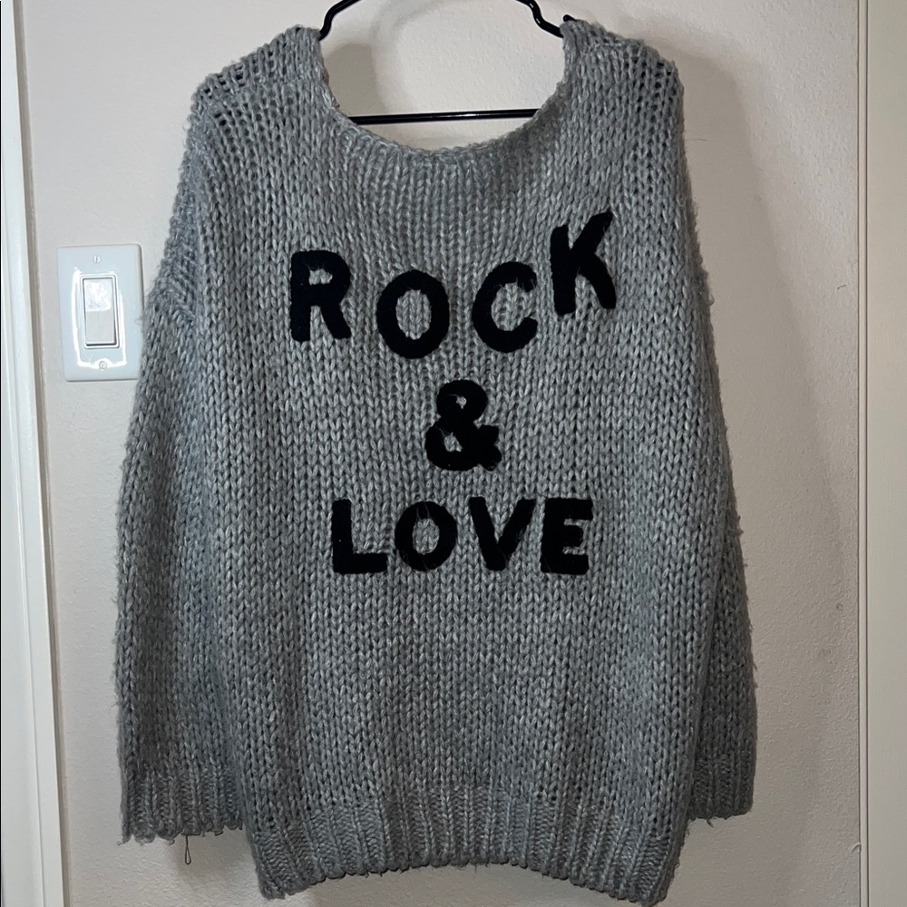 Elan Gray Knit Cardigan with 'Rock & Love' Motif